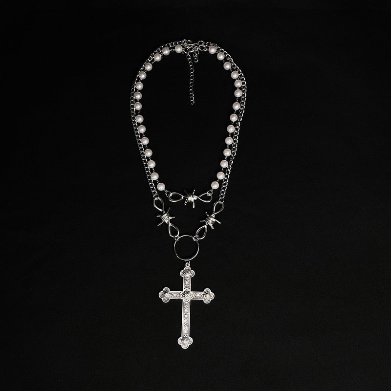 Gothic Y2K Pearl Cross Pendant Necklace