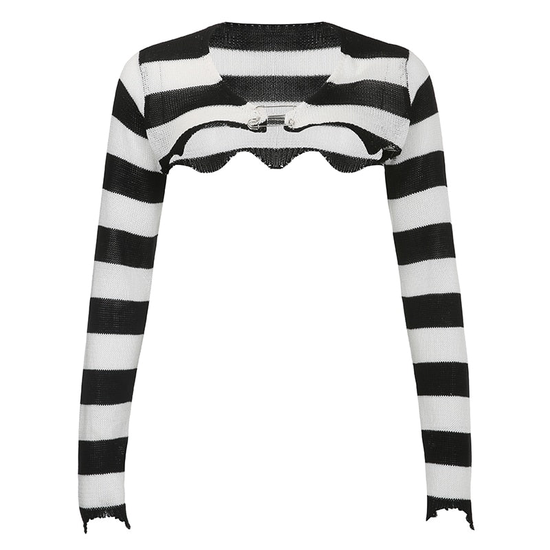 Gothic Punk Black White Striped Knitted Bolero Jacket Top