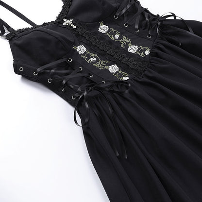 Gothic Rose Embroidery Lace Up Faux Corset Mini Dress