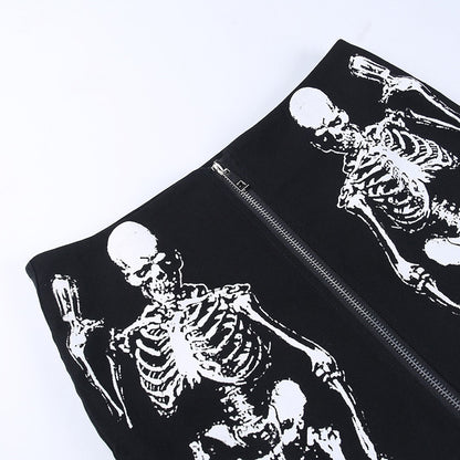 Gothic Skeleton Print Zip Up Mini Skirt