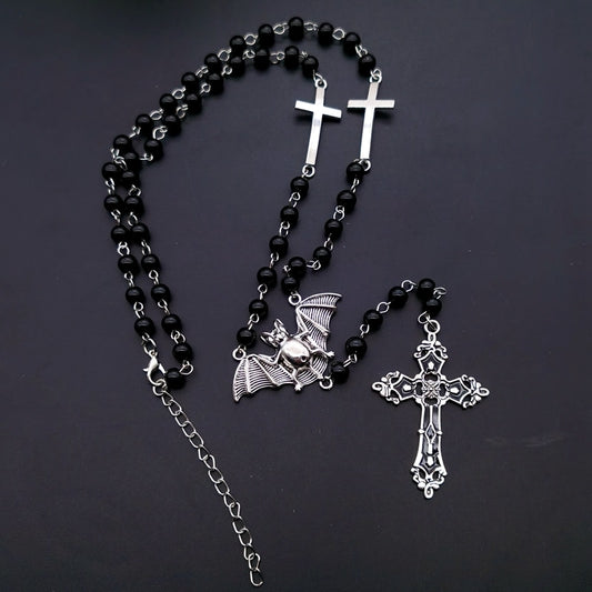Gothic Bat Cross Rosary Necklace