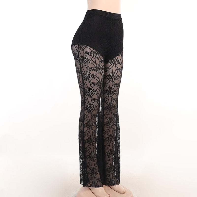 Gothic Punk Spiderweb See Through Lace Flared Pants