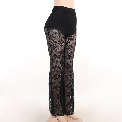 Gothic Punk Spiderweb See Through Lace Flared Pants