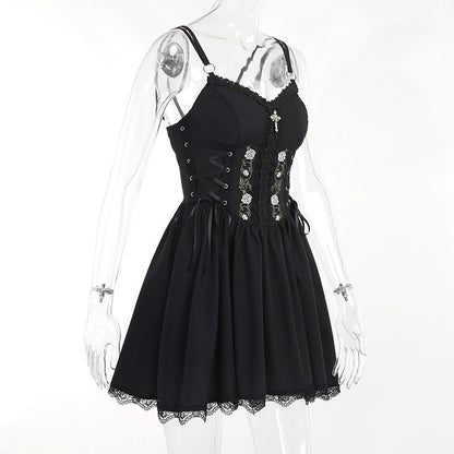 Gothic Rose Embroidery Lace Up Faux Corset Mini Dress