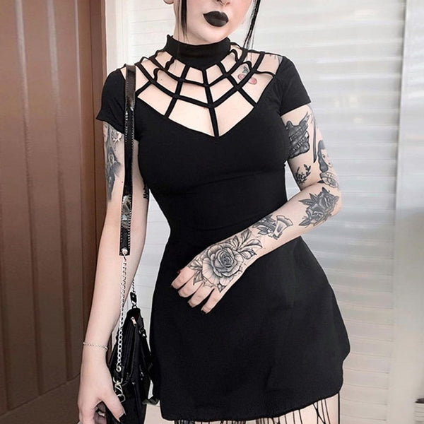 Gothic Punk Spider Web Hollow Out Mini Dress