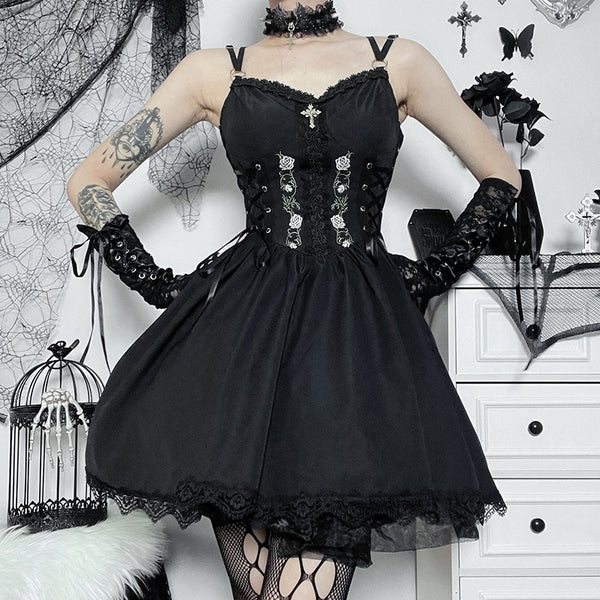 Gothic Rose Embroidery Lace Up Faux Corset Mini Dress