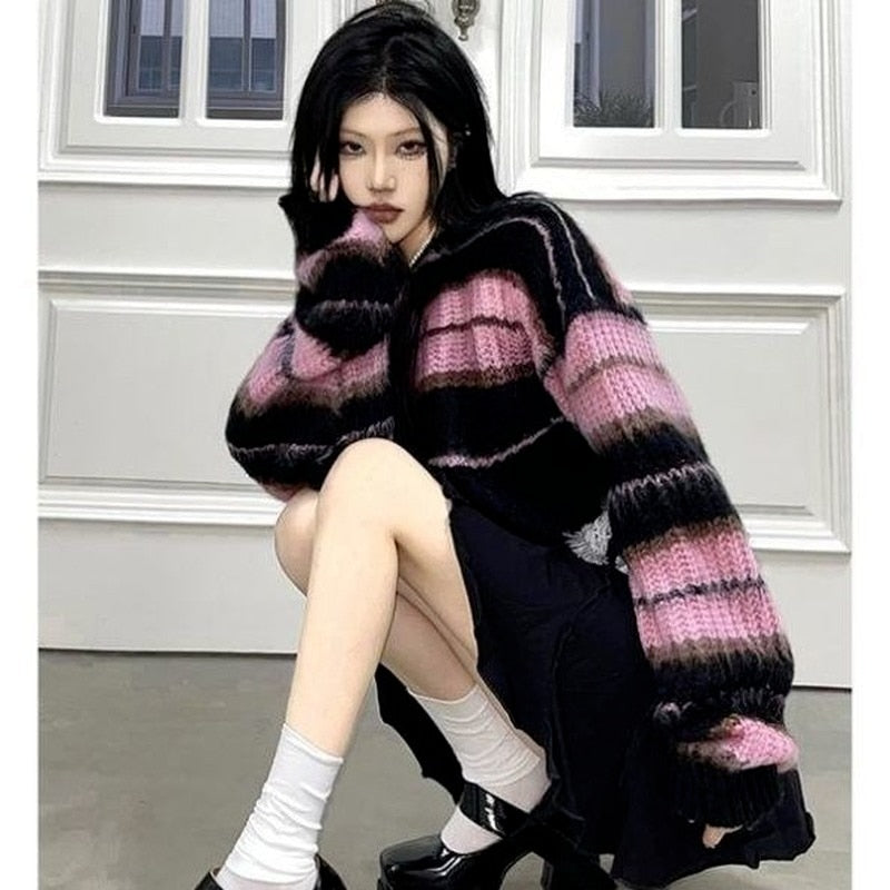 Gothic Y2K Harajuku Black Pink Striped Pullover Sweater Top