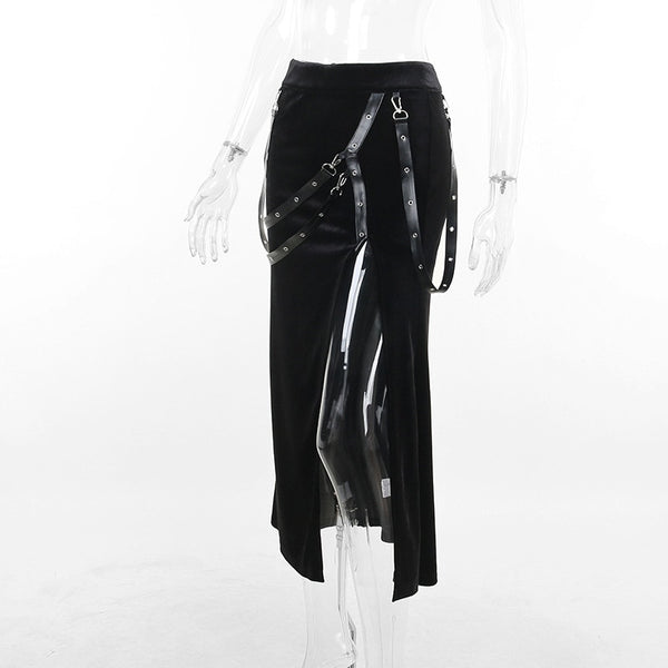 Gothic Velvet Eyelet Straps Side Slit Midi Skirt