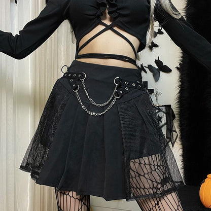 Gothic Chain Eyelet Lace Mesh Patchwork Mini Skirt