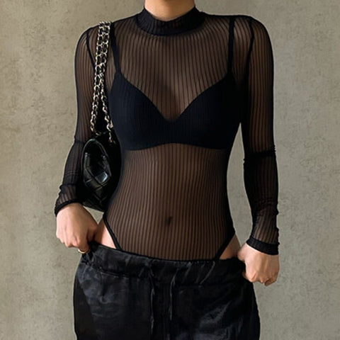 Gothic Punk See Through Ribbed Bodysuit Top