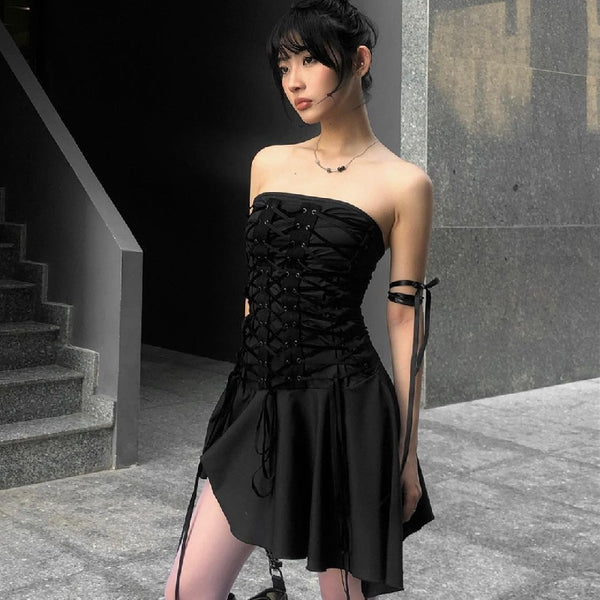 Gothic Y2K Lace Up Tube Mini Dress