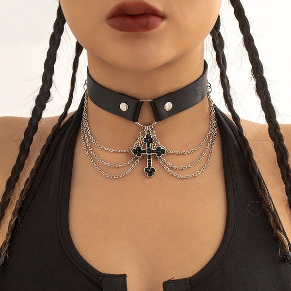 Gothic Black Cross Chain Choker Necklace