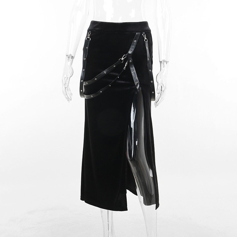 Gothic Velvet Eyelet Straps Side Slit Midi Skirt