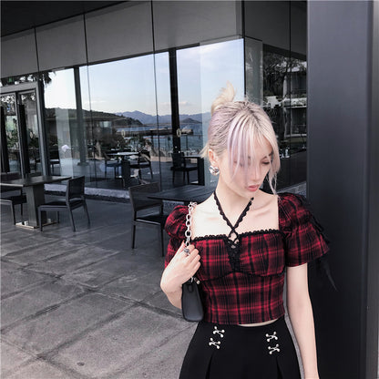 Gothic Summer Red Plaid Lace-up Puff Sleeve Top