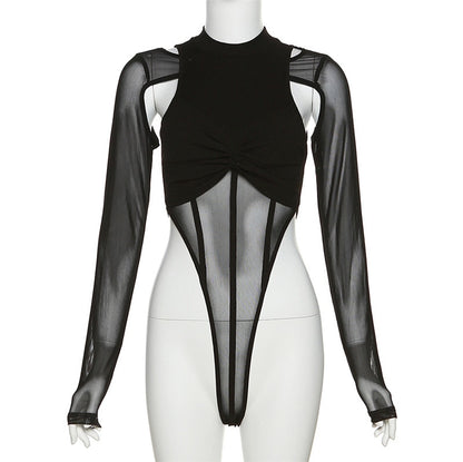 Gothic Y2K Mesh Patchwork Bodysuit Top