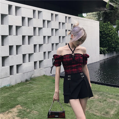 Gothic Summer Red Plaid Lace-up Puff Sleeve Top