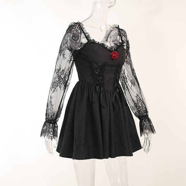 Gothic Victorian Jacquard Lace Sleeve Mini Dress
