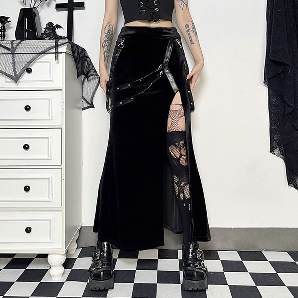Gothic Velvet Eyelet Straps Side Slit Midi Skirt