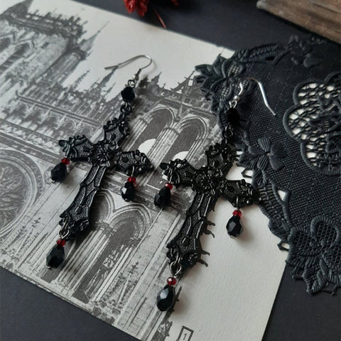 Gothic Punk Cross Crystal Chandelier Earrings (available in 2 colors)