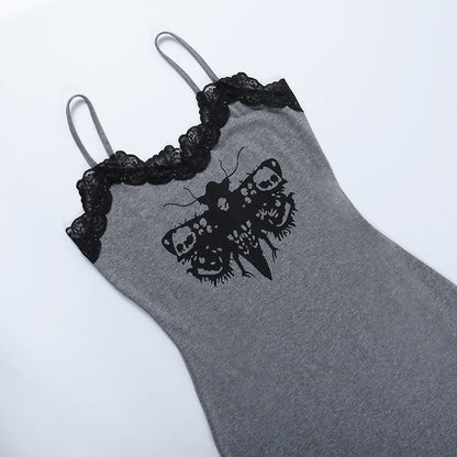 Gothic Moth Print Lace Trim Grey Bodycon Mini Dress