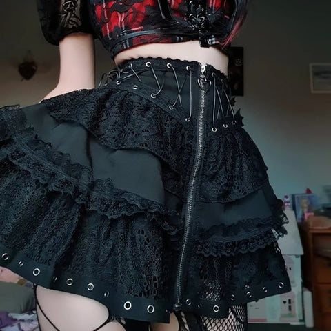 Gothic Lace Patchwork Grommet Zip Up Mini Skirt