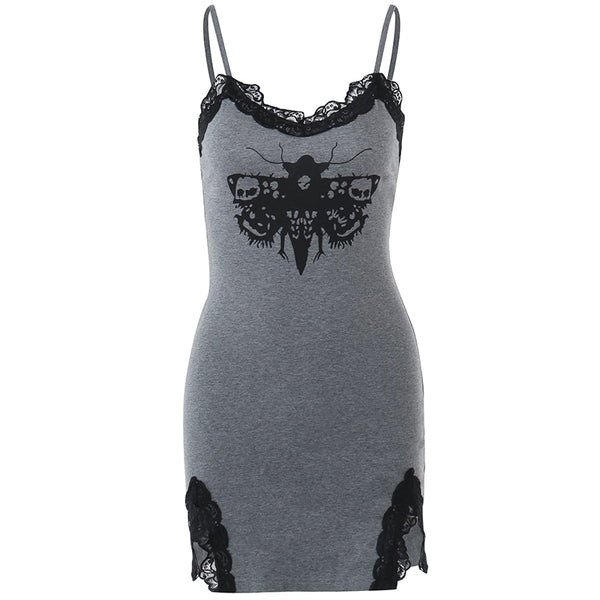 Gothic Moth Print Lace Trim Grey Bodycon Mini Dress