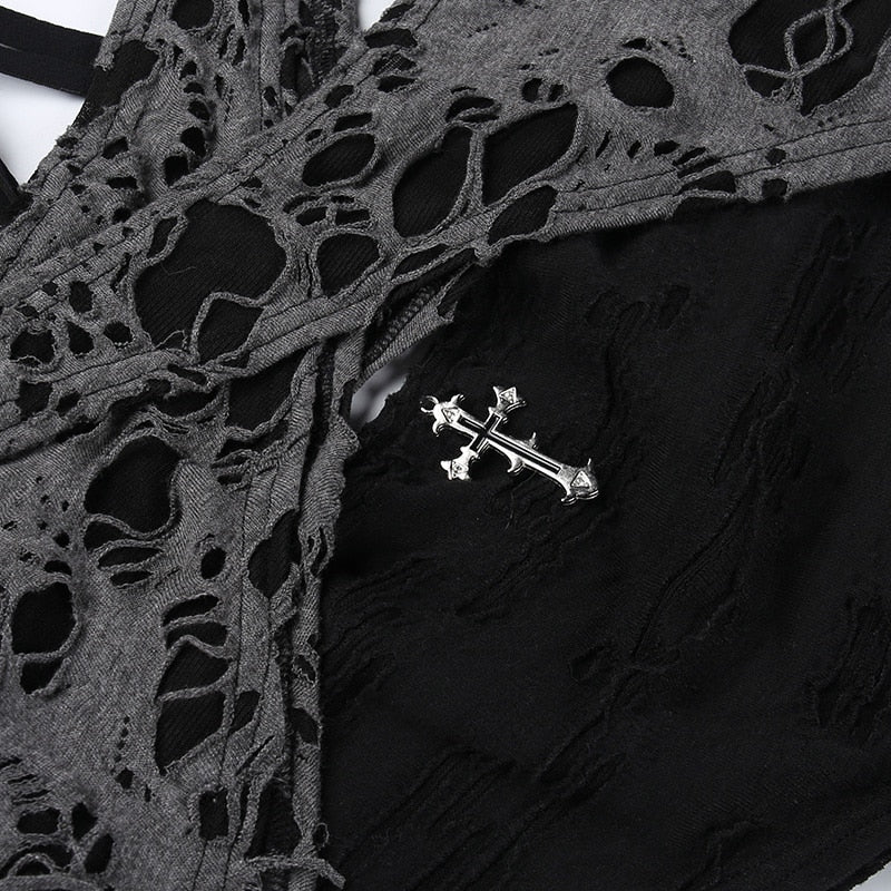 Gothic Punk Tattered Cutout Halterneck Bodycon 2-piece Dress