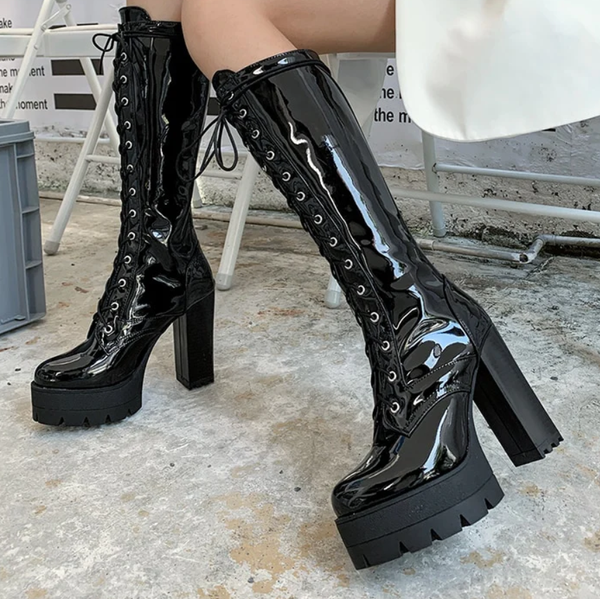 Gothic Punk Patent Leather Knee High Lace Up Platform Boots