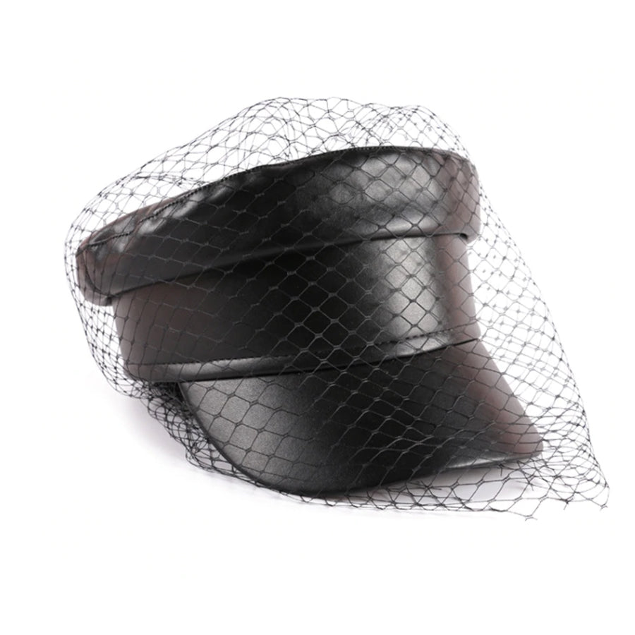 Gothic Faux Leather Newsboy Hat with Veil Mesh