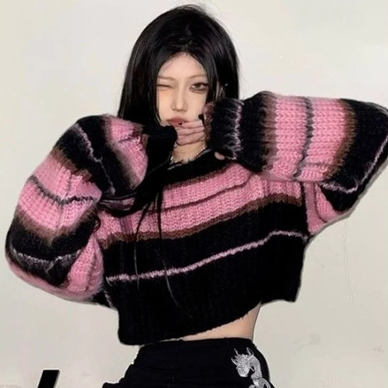 Gothic Y2K Harajuku Black Pink Striped Pullover Sweater Top