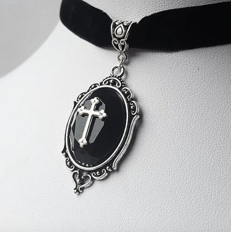 Gothic Victorian Cross Oval Pendant Velvet Choker Necklace