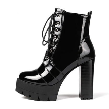 Gothic Patent Leather Lace Up Zipper Heeled Boots