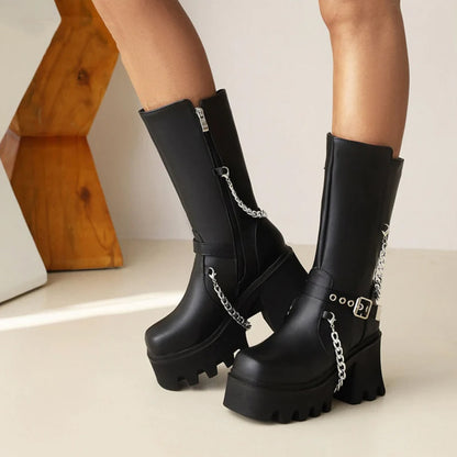 Gothic 90s Y2K Chain Buckle Mid Calf Platform Boots