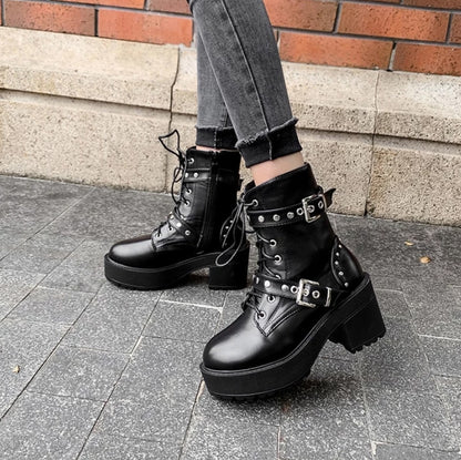 Gothic Rivet Straps Lace Up Boots