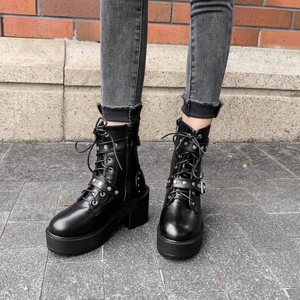 Gothic Rivet Straps Lace Up Boots