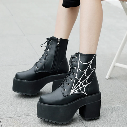 Gothic Spider Web Lace Up Platform Boots