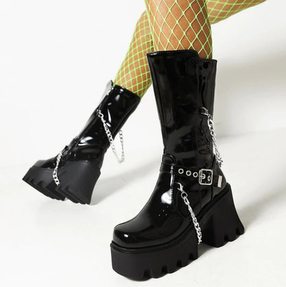 Gothic 90s Y2K Chain Buckle Mid Calf Platform Boots