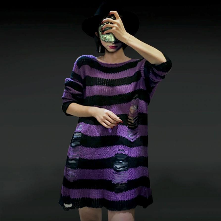 Gothic Ripped Striped Knitted Sweater Top (Available in 11 colors)