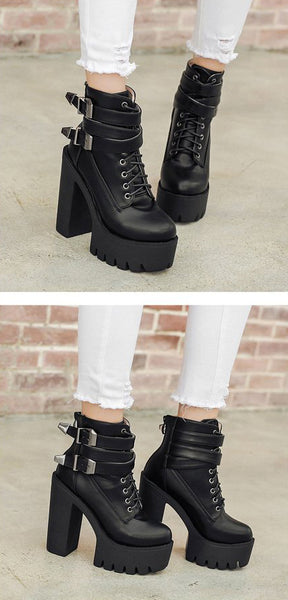 Gothic Double Strap Buckles Lace Up Platform Boots