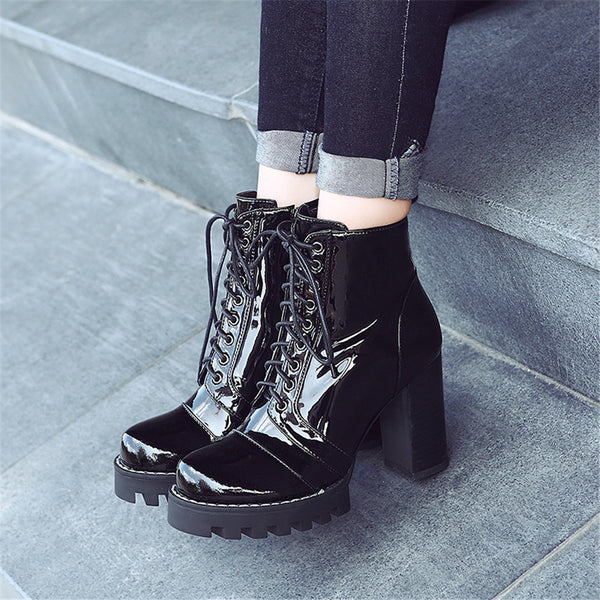 Gothic Lace Up Patent Leather Platform Boots