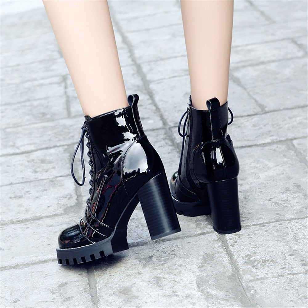 Gothic Lace Up Patent Leather Platform Boots