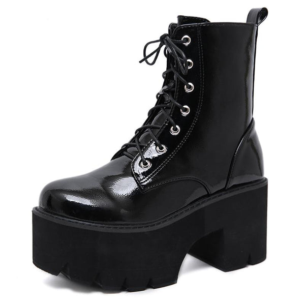 Gothic Lace Up Patent Leather Platform Boots