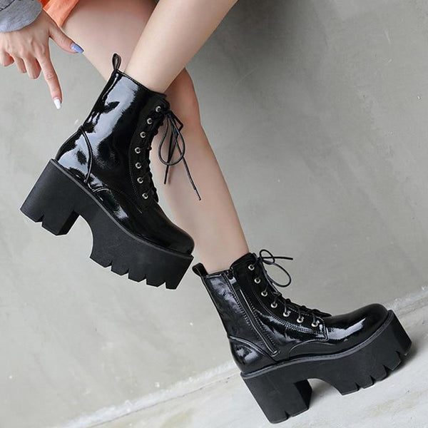 Gothic Lace Up Patent Leather Platform Boots