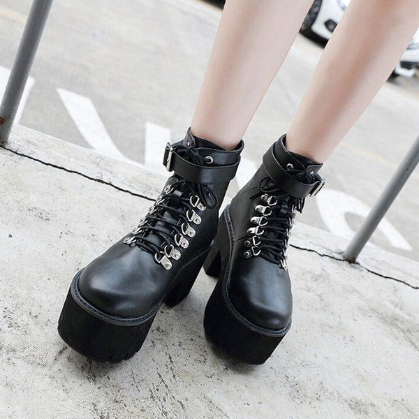 Gothic Grunge Lace Up Buckle Chunky Ankle Platform Boots