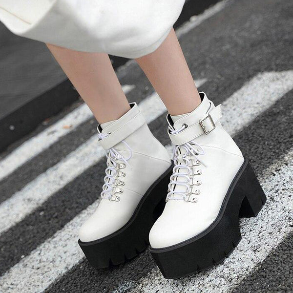 Gothic Grunge Lace Up Buckle Chunky Ankle Platform Boots