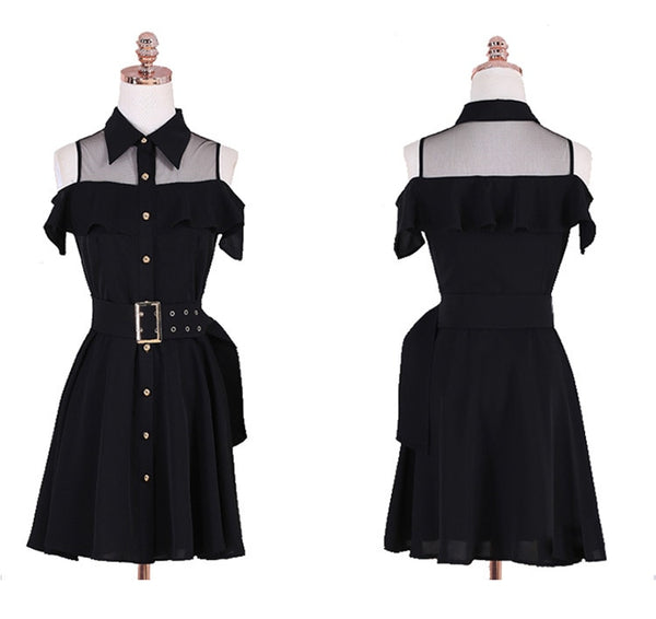 Gothic Cold Shoulder Turn Down Collar Belted Dress