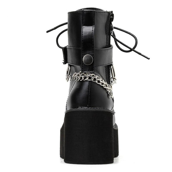 Gothic Chain Strap Lace Up Platform Boots