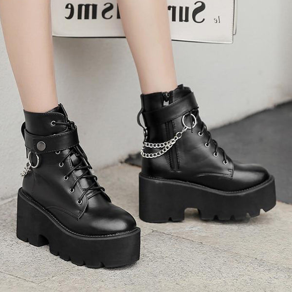 Gothic Chain Strap Lace Up Platform Boots