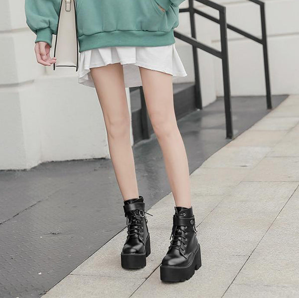 Gothic Chain Strap Lace Up Platform Boots