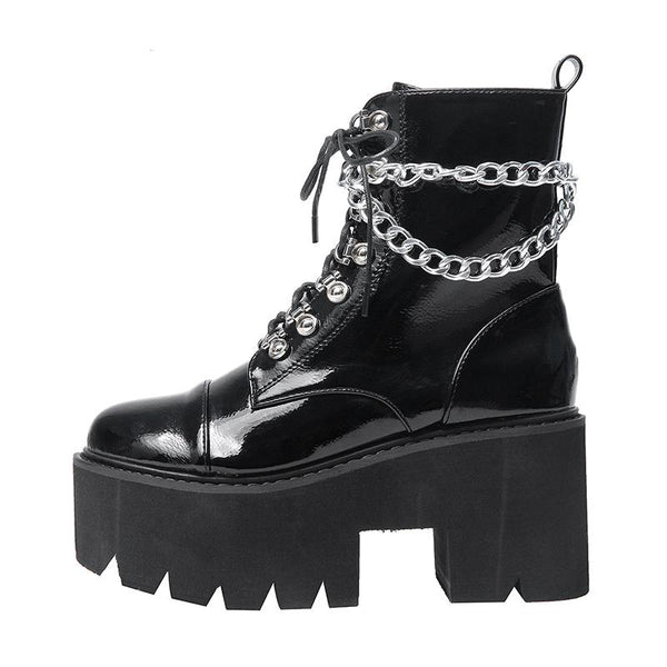 Gothic Patent Leather Wrap Around Chains Platform Boots
